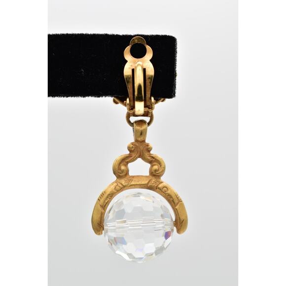 DKNY Vintage Crystal Ball Clip Earrings Antiqued Brushed Gold Signed 1980s BinW - Picture 9 of 12